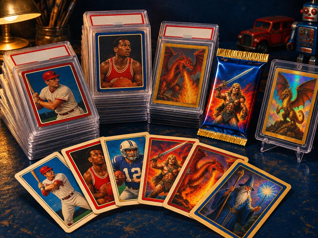 Graded card slabs, a foil booster pack and a fan of collectible trading cards