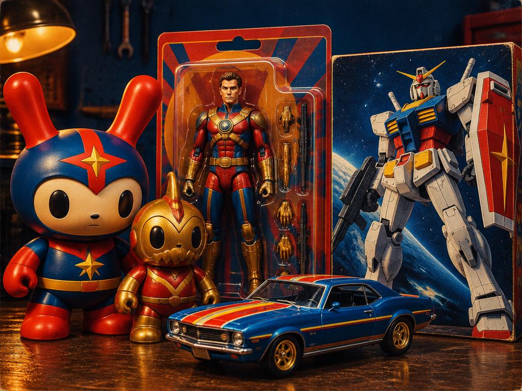 Modern designer vinyl figures, a packaged action figure, a die-cast car and a robot model kit